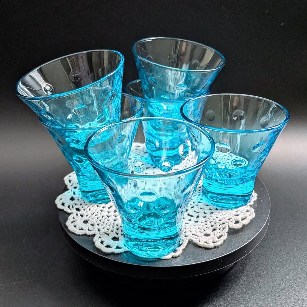 Set of 6 Midcentury Vintage Hazel Atlas Capri Dot Turquois Blue Whisky Glasses